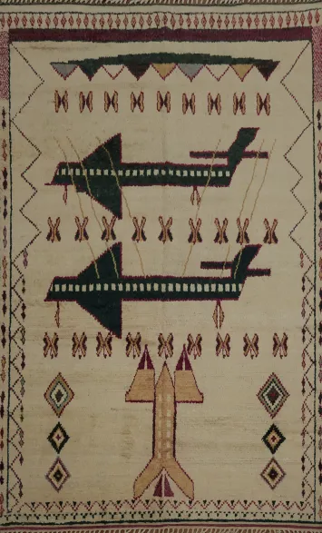 Artistic Moroccan Rug Displaying Geometric and Aviation Symbols 9x13