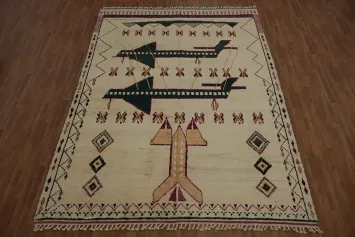 Artistic Moroccan Rug Displaying Geometric and Aviation Symbols 9x13
