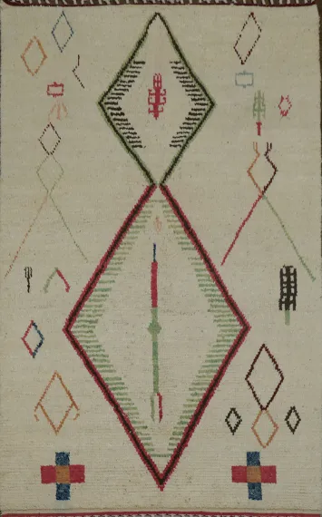 Minimalist Tribal Ivory Moroccan Rug Featuring Geometric and Linear Designs 6x10 ft