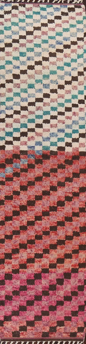 Checkered Moroccan Handmade Runner Rug 3x13