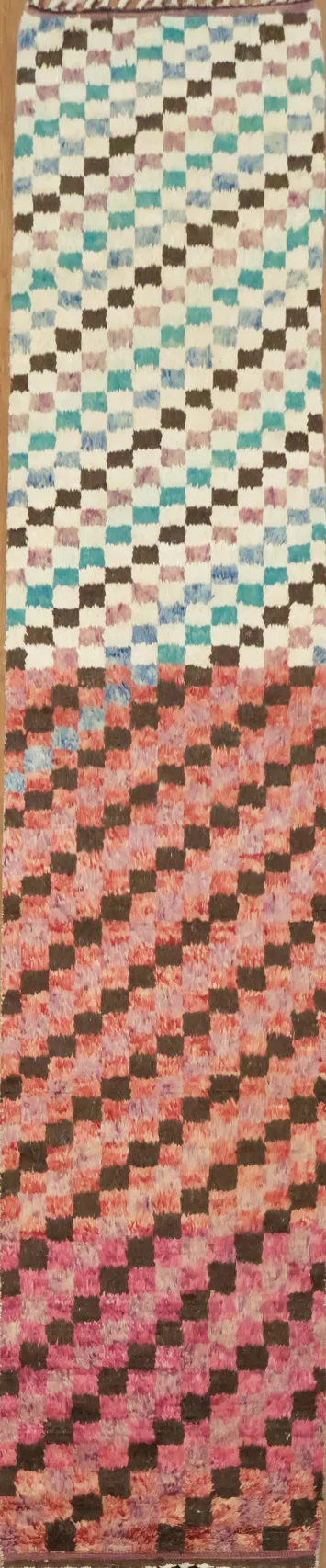 Checkered Moroccan Handmade Runner Rug 3x13