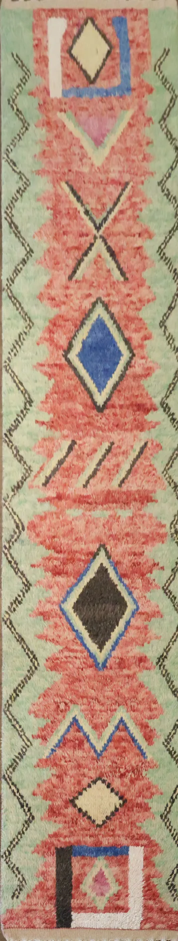 Modern Bohemian Green Moroccan Runner Featuring Vibrant Tribal Patterns 2x13 ft