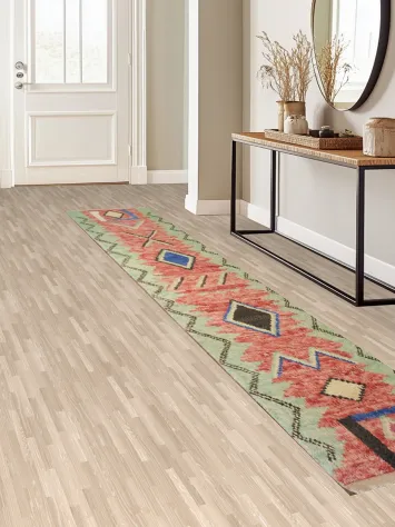 Modern Bohemian Green Moroccan Runner Featuring Vibrant Tribal Patterns 2x13 ft