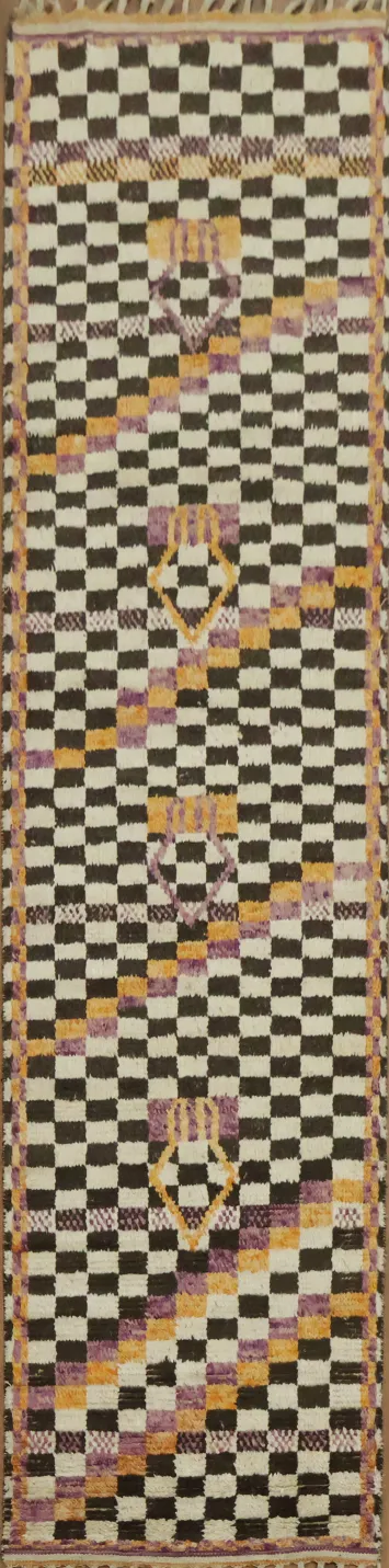 Checkered Moroccan Handmade Runner Rug 3x13