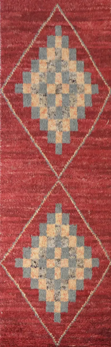 Contemporary Moroccan Runner Rug with Bold Red and Subtle Grey Accents 3x9 ft