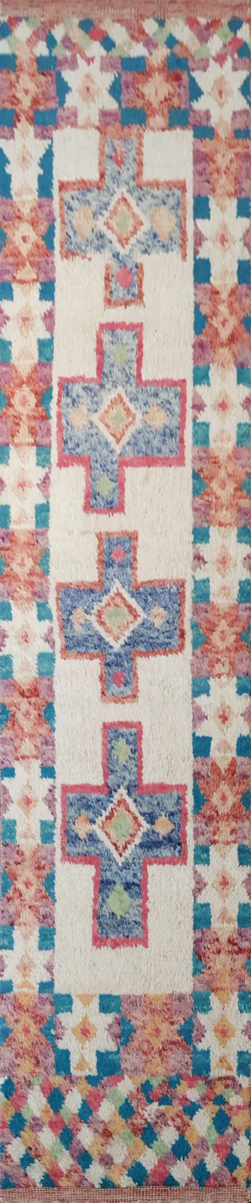 Vintage geometric patterned Moroccan Runner with vibrant cross motifs 3x12 ft