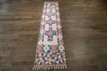 Vintage geometric patterned Moroccan Runner with vibrant cross motifs 3x12 ft