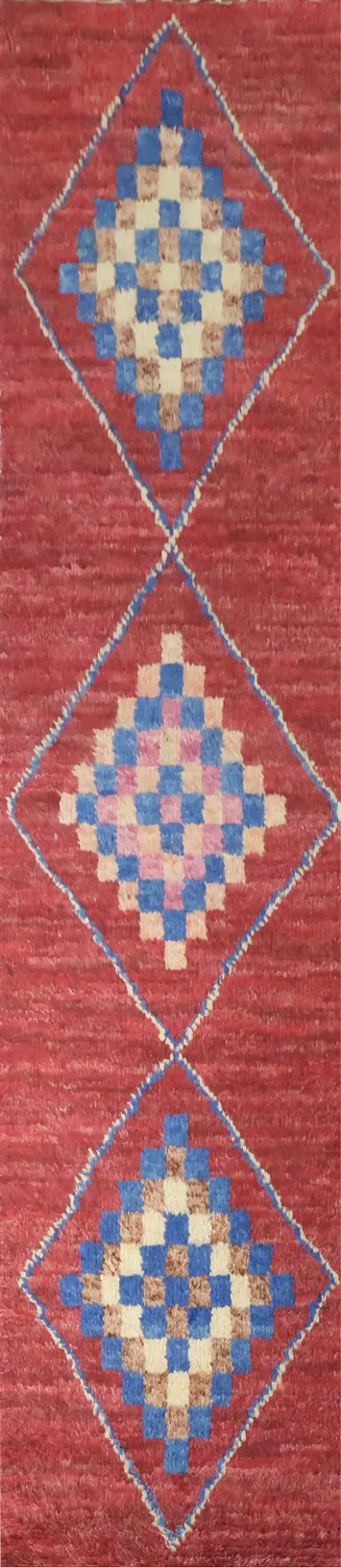 Multicolored diamond Moroccan Runner on deep red background 3x12 ft