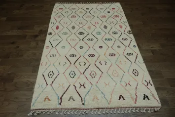 Versatile Off-White Moroccan Rug with Colorful Abstract Diamond Motifs 6x9