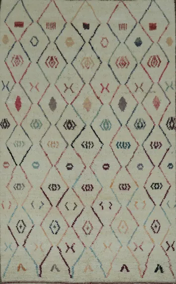 Versatile Off-White Moroccan Rug with Colorful Abstract Diamond Motifs 6x9