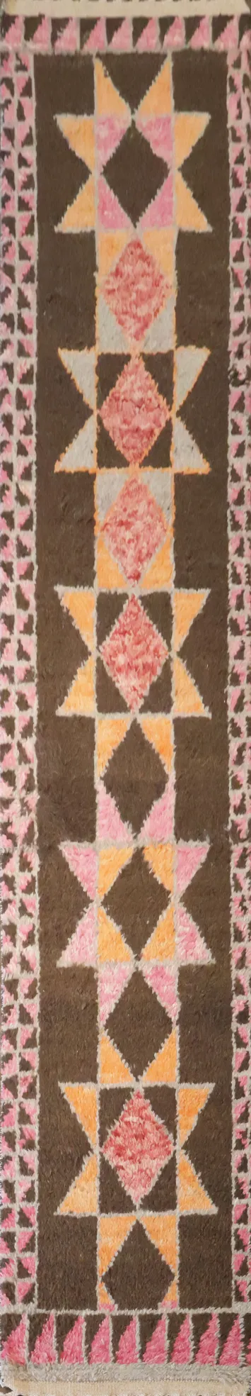 Vibrant Tribal Pattern Brown Moroccan Rug with Pink and Orange Accents 2x13 ft