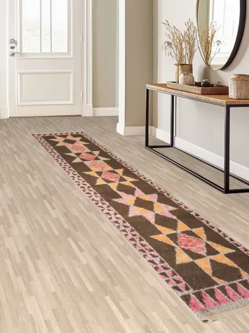 Vibrant Tribal Pattern Brown Moroccan Rug with Pink and Orange Accents 2x13 ft