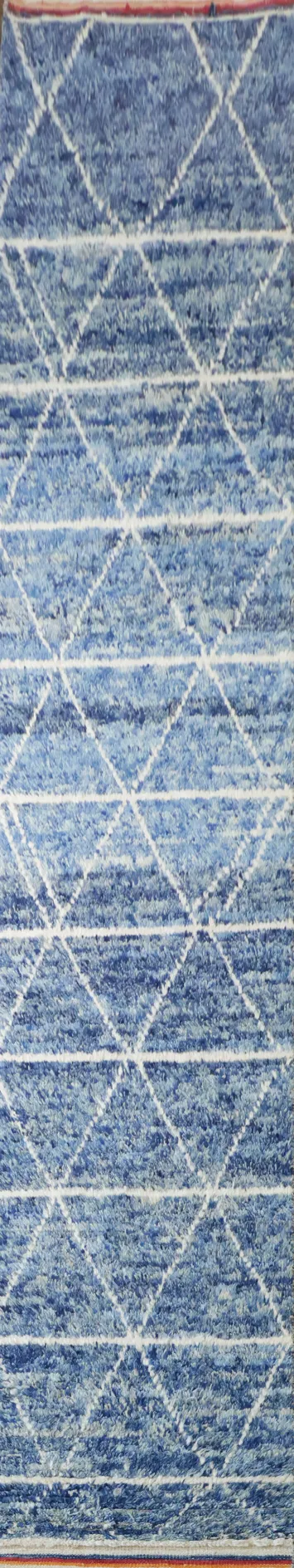 Modern Blue Geometric Moroccan Long Runner Rug 2x13 ft