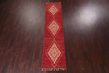 Colorful Handwoven Rug with Intricate Red and Pink Motifs 3x11