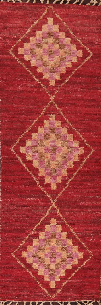 Colorful Handwoven Rug with Intricate Red and Pink Motifs 3x11