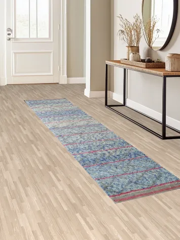 Elegant Blue and Pink Moroccan Rug for Modern Aesthetic Homes 2x11 ft