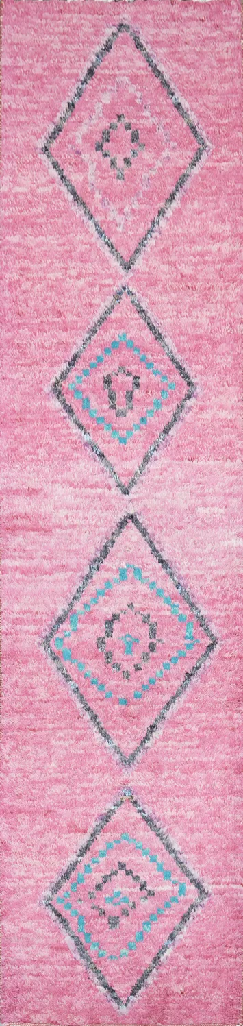 Soft Moroccan Pink Runner Rug with Unique Diamond Designs 3x13 ft