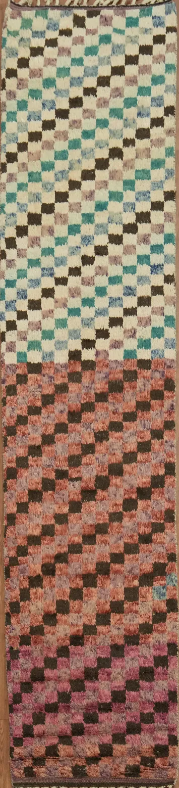 Checkered Moroccan Wool Runner Rug 3x13