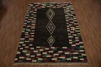 Dark Moroccan Area Rug 9x13 Highlighted by Vibrant Mosaic Borders