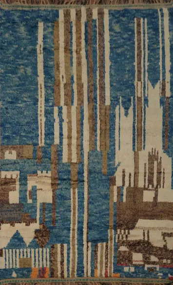 Contemporary Striped Cityscape Moroccan Wool Area Rug 8x11