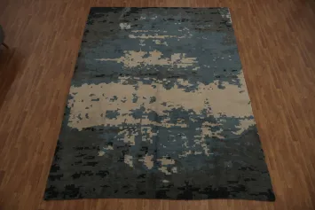 Abstract Large Area Rug 10x14 in Soothing Blue and Warm Grey Tones