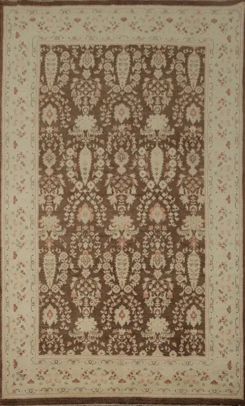 Brown Floral Oushak Chobi Wool Area Rug 6x10