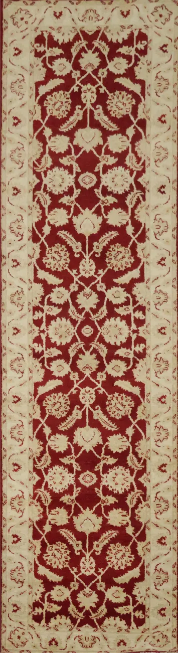 Luxurious Red Runner Rug with Traditional Floral Design 3'x10'