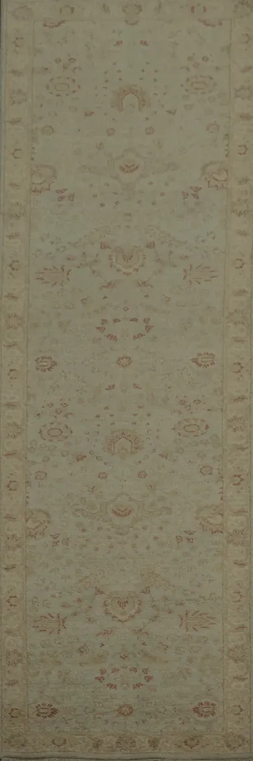 Foam Green Peshawar Chobi Runner Rug 3x10 with Subtle Floral Patterns