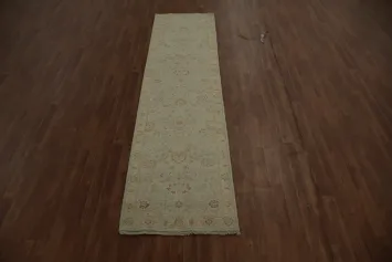 Foam Green Peshawar Chobi Runner Rug 3x10 with Subtle Floral Patterns