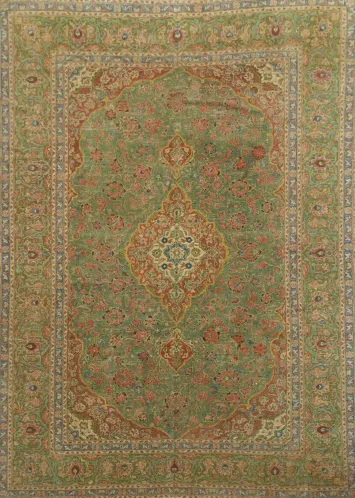 Classic Green and Beige Rust Distressed Persian Area Rug 8x11 ft