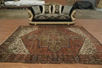 Vintage Geometric Heriz Persian Area Rug with Intricate Geometric Patterns 8x11