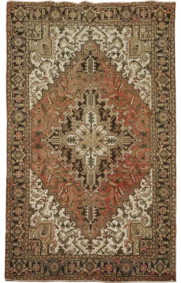 Geometric Coral Red Heriz Hand-Knotted Wool Area Rug 7'x9'