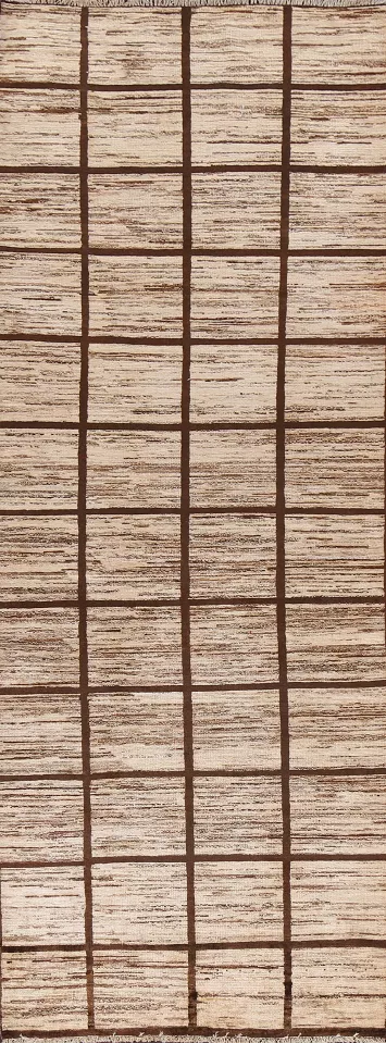 Earth-Tone Checkered Gabbeh Kashkoli Wool Runner Rug 3x9