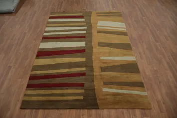 Earth-Toned Linear Pattern Rug with Bold Red Stripes 6x9