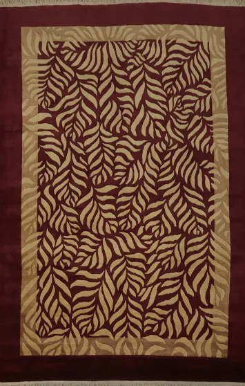 Bold Leaf Print Nepalese Rug in Maroon and Beige Tones 9x12