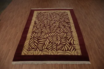 Bold Leaf Print Nepalese Rug in Maroon and Beige Tones 9x12