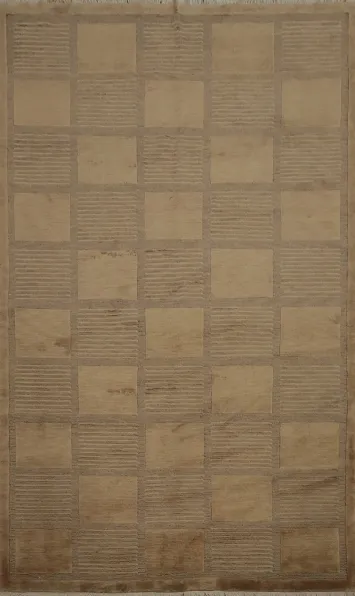 Modern Checkerboard Design: Premium Beige Nepalese Area Rug 6x9