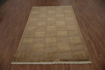 Modern Checkerboard Design: Premium Beige Nepalese Area Rug 6x9