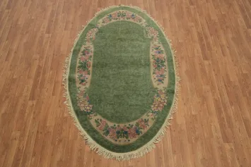 Vintage Green and Pink Art Deco Chinese Oval Rug 4x7 ft