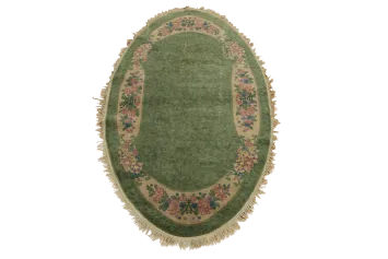 Vintage Green and Pink Art Deco Chinese Oval Rug 4x7 ft
