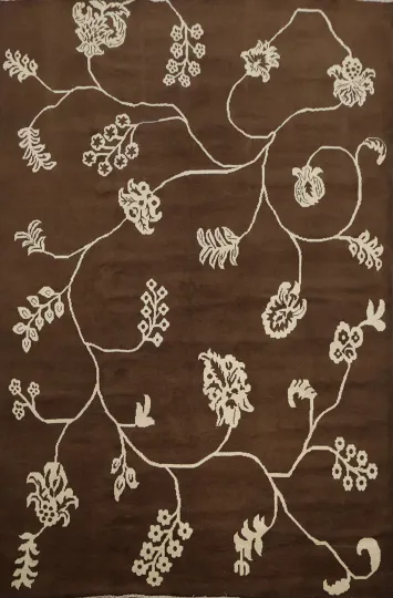 Nature Print Dark Brown Floral Area Rug 6x8