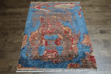 Bold Abstract Artwork Rug with Rich Blue and Red Hues 6x8