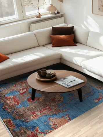 Bold Abstract Artwork Rug with Rich Blue and Red Hues 6x8