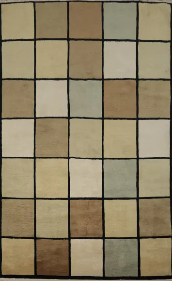 Earthy Toned Nepalese Blocks Stylish Checkered Rug 6x9