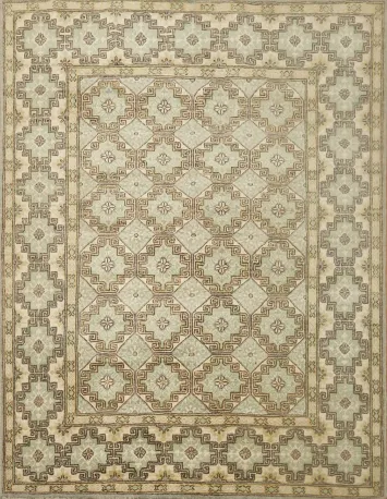 Classic Geometric Design Green and Beige Wool Rug 5x6