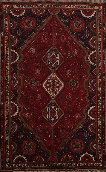 Classic Wool Shiraz Persian Area Rug 7x11 with Red Tribal Patterns