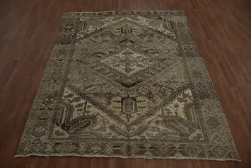 Vintage Geometric Distressed Heriz Persian Rug 7x9