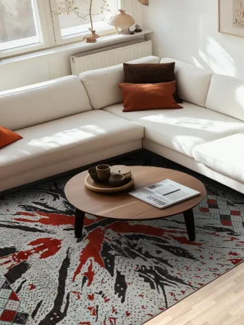 Modern Geometric Red and Black Patterned Accent Rug 7x10