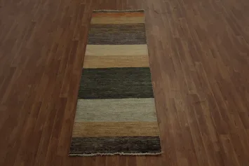 Gabbeh Kashkoli Runner Rug 3x8 with Subtle Earth Tone Horizontal Stripes