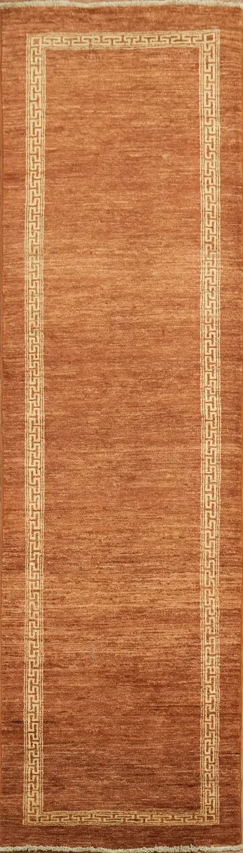 Classic Greek Border Gabbeh Wool Runner in Rich Terracotta Tone 9' 4'' X 2' 8''
